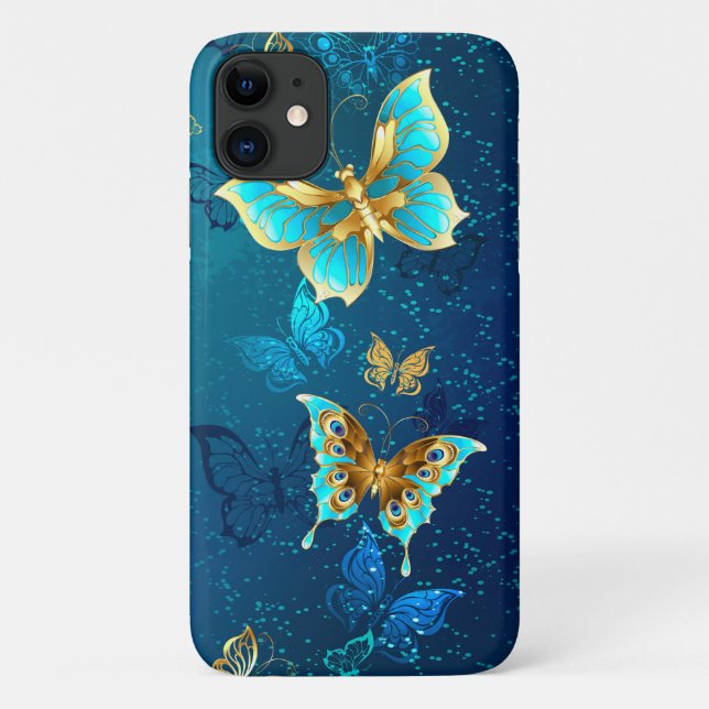 Capa Para iPhone 11 Borboletas de ouro em um fundo azul (Verso)