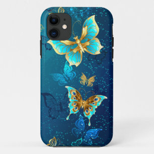 Capa Para iPhone 11 Borboletas de Ouro em um fundo azul