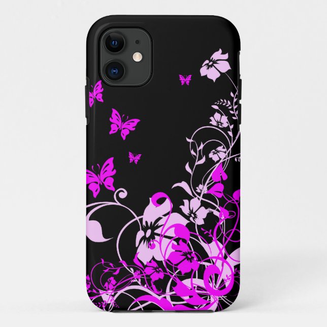Capa Para iPhone 11 Borboletas e flores roxas (Verso)