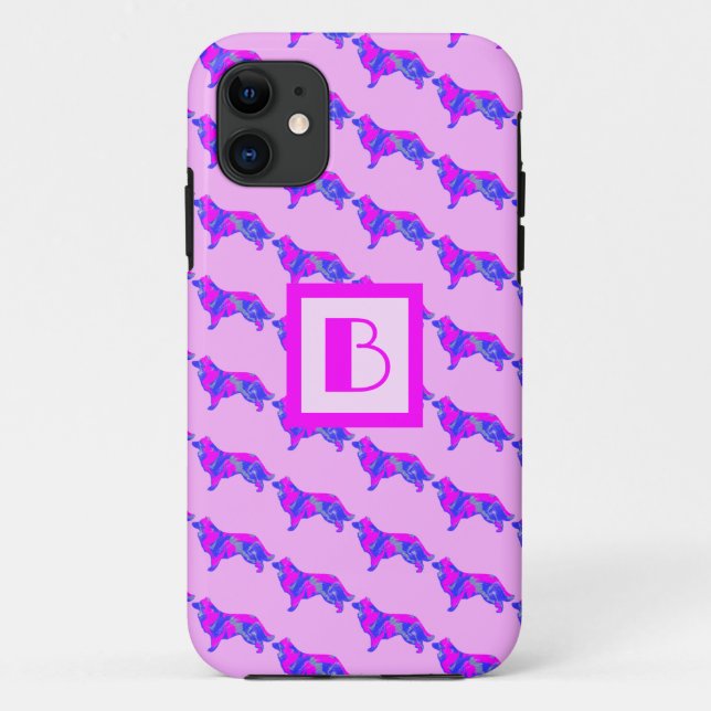 Capa Para iPhone 11 Borda Cachorro Rosa e Azul - Silhueta Monograma (Verso)