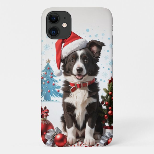 Capa Para iPhone 11 Border Collie Puppy Vestindo um chapéu de Natal Ve (Verso)