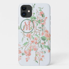 Capa Para iPhone 11 Bougainvillea Floral Monograma Cor de Água Rosa