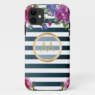 Capa Para iPhone 11 Branco azul listrado do monograma floral do