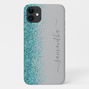 Capa Para iPhone 11 Brilho Azul Turquesa Degradê Nome Personalizado Es