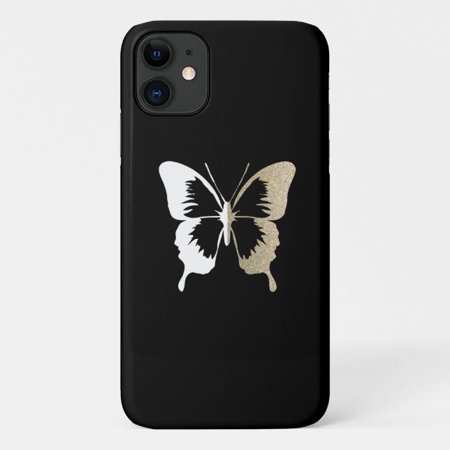 Capa Para iPhone 11 Brilho Falso e Borboleta Branca (Verso)