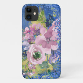 Capa Para iPhone 11 Brilho Floral de Cor de Água de Blues de lavanda