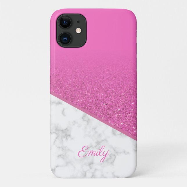 Capa Para iPhone 11 Brilho Rosa Personalizado - Marmorre Branco (Verso)