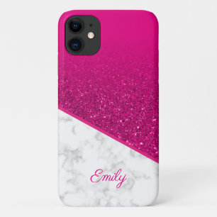 Capa Para iPhone 11 Brilho Rosa Personalizado - Telefone Marble Branco