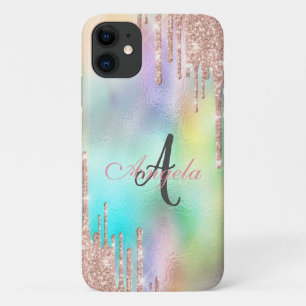 Capa Para iPhone 11 Brilho Rose Gold Monograma Holográfico