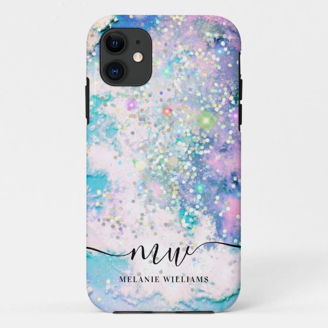 Capa Para iPhone 11 Brilho roxo azul moderno chic monogramado (Verso)