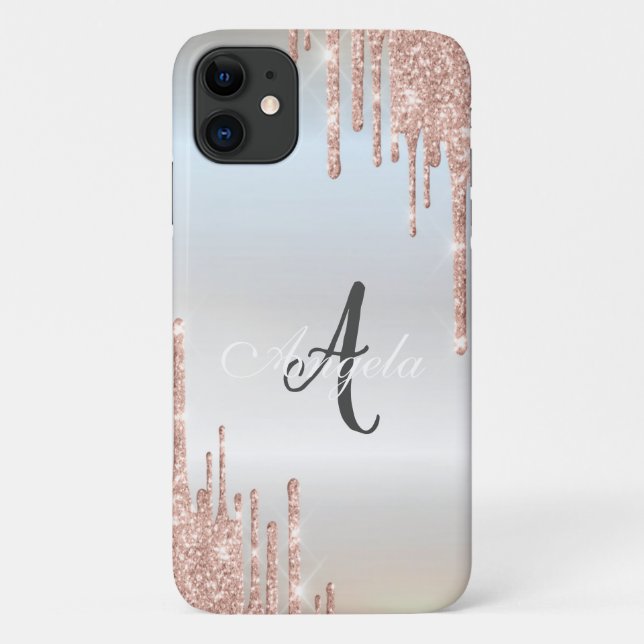 Capa Para iPhone 11 Brilhos Modernos Pingando Rosa Dourado, Monograma  (Verso)