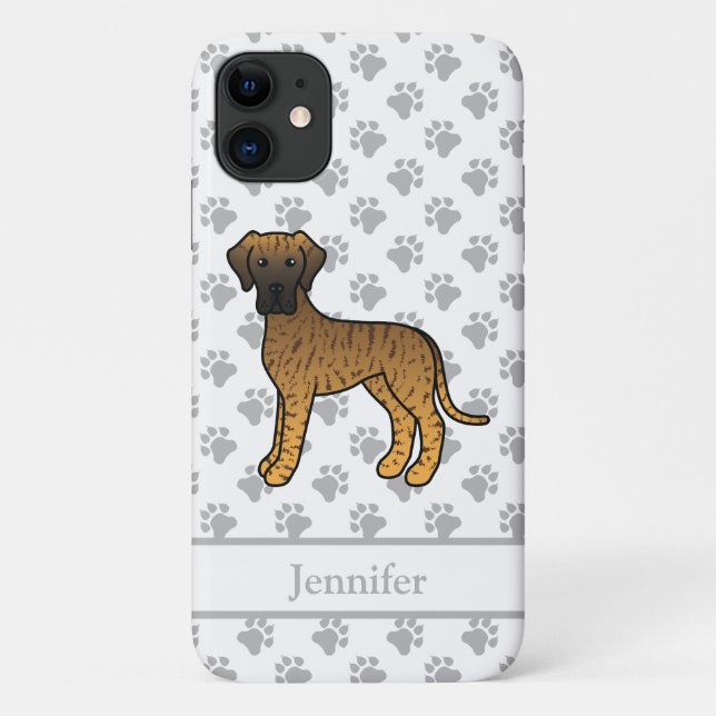 Capa Para iPhone 11 Brindle Great Dane Cute Cartoon Dog & Name (Verso)