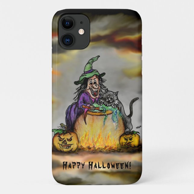 Capa Para iPhone 11 Bruxa e Gato Negro, Feliz Halloween! (Verso)
