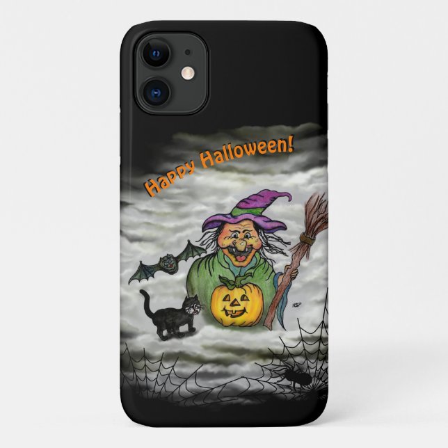 Capa Para iPhone 11 Bruxa, Gato, Bat e Pumpkin, Feliz Halloween! (Verso)