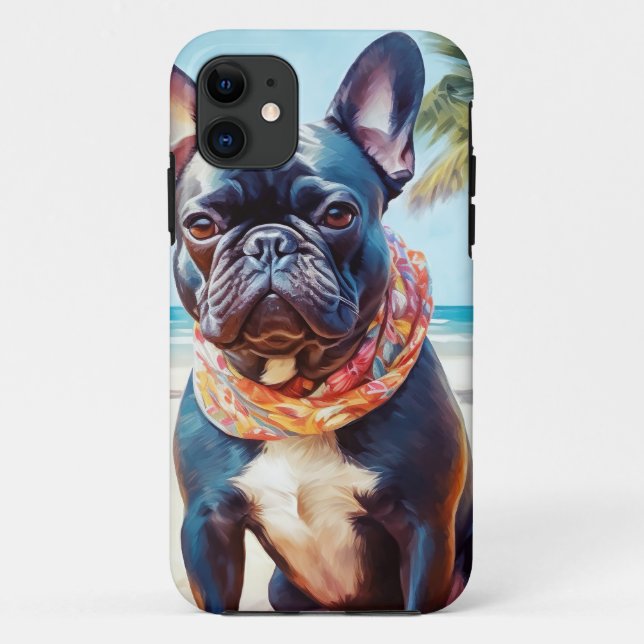 Capa Para iPhone 11 Buldogue francês na praia, presente de verão para  (Verso)