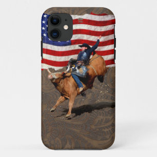 Capa Para iPhone 11 Bull Rodeo Cowboy, Bandeira dos EUA em Couro Faux
