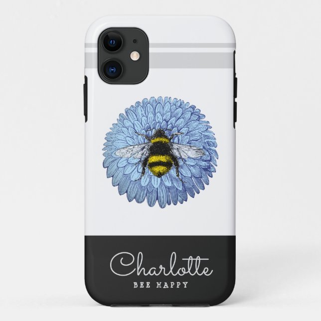 Capa Para iPhone 11 Bumblebee Bonito na Flor Azul Adicione seu Nome (Verso)