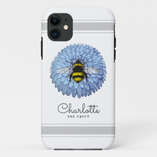 Capa Para iPhone 11 Bumblebee Bonito na Flor Azul Adicione seu Nome