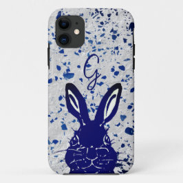 Capa Para iPhone 11 Bunny Rabbit Blue Terrazzo Monograma Moderno