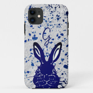 Capa Para iPhone 11 Bunny Rabbit Blue Terrazzo Monograma Moderno