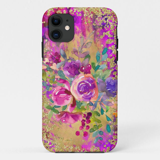 Capa Para iPhone 11 Buquê de flor de aquarela rosa com framboesa (Verso)