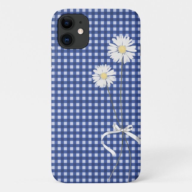 Capa Para iPhone 11 buquê de margarida em gingham azul (Verso)