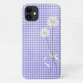 Capa Para iPhone 11 buquê de margarida em gingham roxo