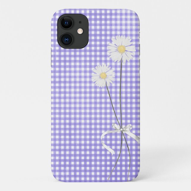 Capa Para iPhone 11 buquê de margarida em gingham roxo (Verso)