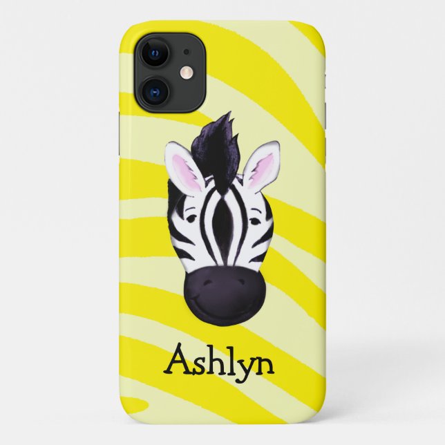 Capa Para iPhone 11 Cabeça de zebra no nome impressão amarelo (Verso)