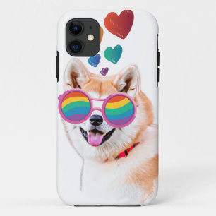 Capa Para iPhone 11 Cachorro Akita com Corações Dia dos Namorados