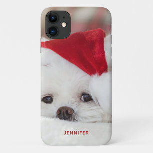 Capa Para iPhone 11 Cachorro Branco bonito num chapéu de Natal Vermelh