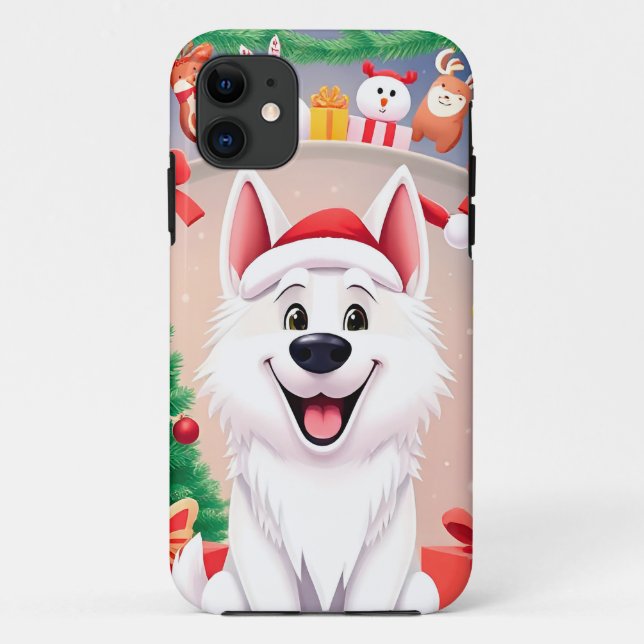 Capa Para iPhone 11 Cachorro Branco com Chapéu de Papai Noel (Verso)