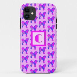 Capa Para iPhone 11 Cachorro Cachorro Cor-de-Rosa Silhueta Azul Monogr
