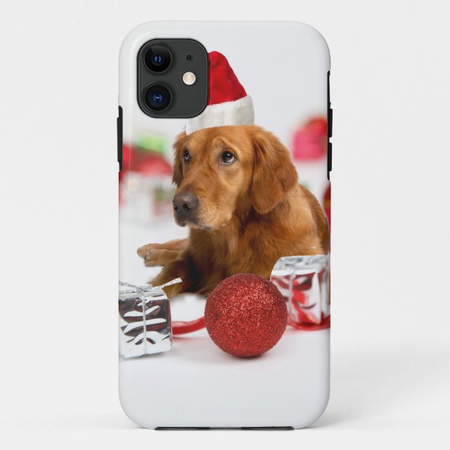 Capa Para iPhone 11 Cachorro do ouro W Red Santa Hat Natal (Verso)