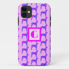 Capa Para iPhone 11 Cachorro Grande Rosa Rosa e Monograma Azul