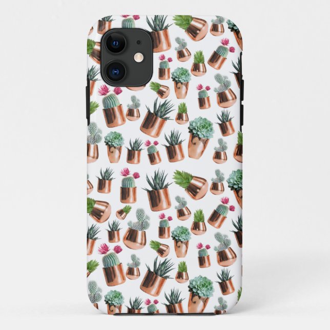 Capa Para iPhone 11 Cactus e Sucultos em Potes Dourados Rosa (Verso)