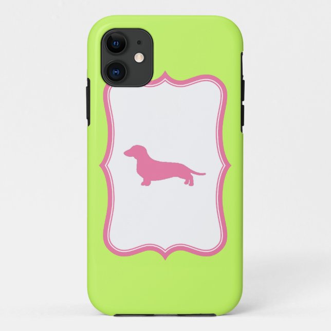 Capa Para iPhone 11 Caixa verde & cor-de-rosa do Dachshund (Verso)