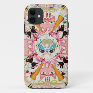 Capa Para iPhone 11 caleidoscópio de gatos cor-de-rosa pássaros pretos
