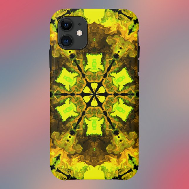 Capa Para iPhone 11 Caleidoscópio Psicodélico Flor Amarelo e Verde (Criador carregado)