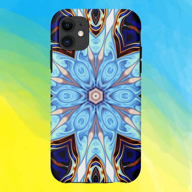 Capa Para iPhone 11 Caleidoscópio Psicodélico Flor Azul e Laranja (Criador carregado)