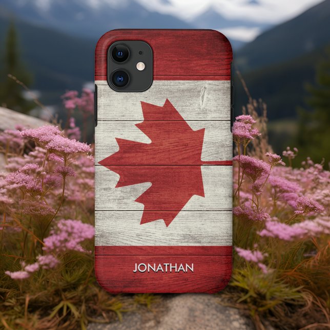 Capa Para iPhone 11 Canadian flag with customizable wooden background (Criador carregado)