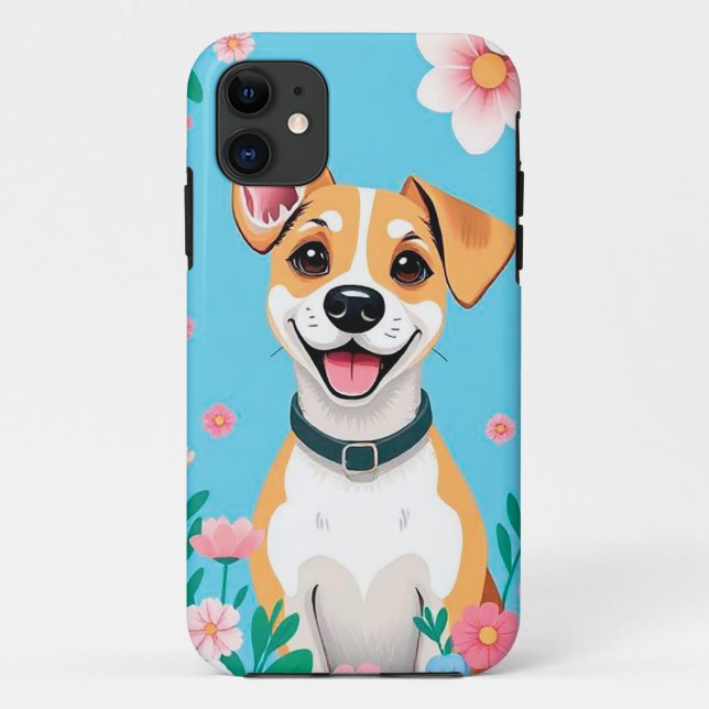 Capa Para iPhone 11 Cão de Cartoon Sorridente Cercado por Flores (Verso)