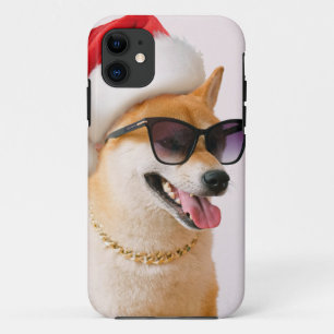 Capa Para iPhone 11 Cão Shiba Inu em Papai Noel chapéus vermelhos