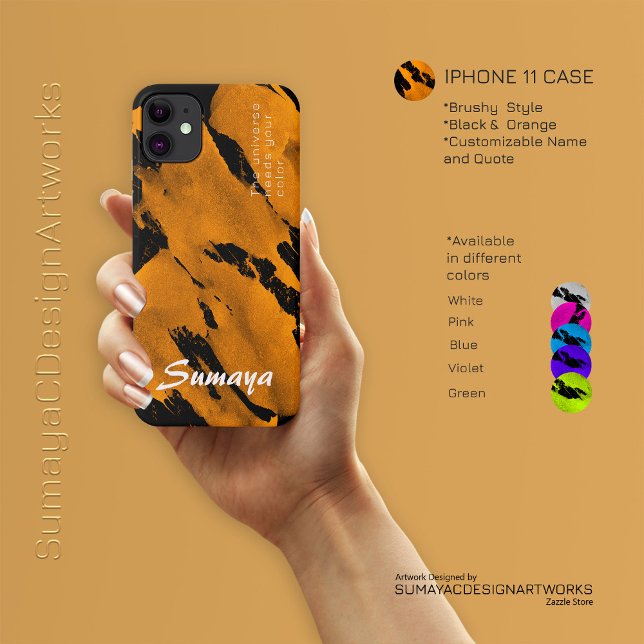 Capa Para iPhone 11 Capa de iPhone 11 Preta com Detalhes Laranja | Per (Brushy Black Orange iPhone 11 Case | Customizable)