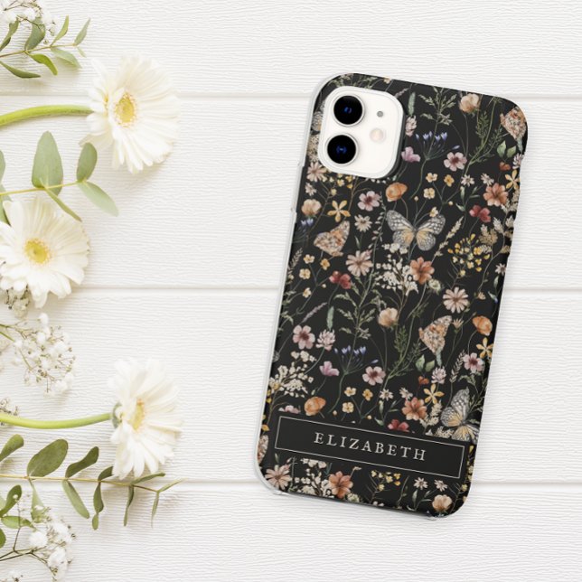 Capa Para iPhone 11 Capa de iPhone com Floral Preto Monograma (Criador carregado)