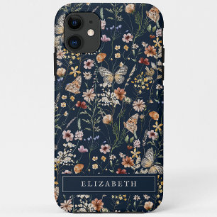 Capa Para iPhone 11 Capa de iPhone floral azul marinho Monogram