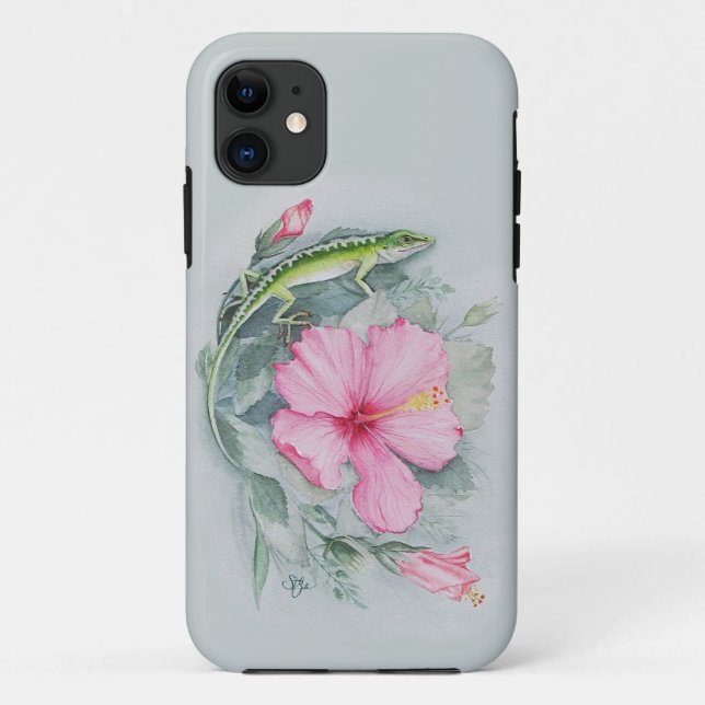 Capa Para iPhone 11 Carolina Anole & Hibiscus  (Verso)