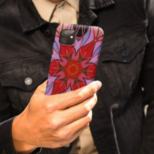 Capa Para iPhone 11 Cartografia Mandala Flor Vermelho Azul e Rosa