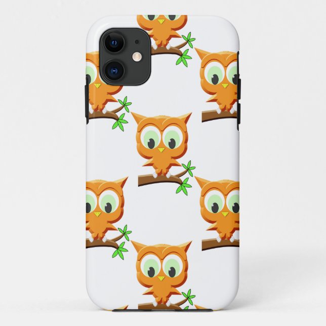 Capa Para iPhone 11 Cartoon Little Owl No Padrão De Ramificação (Verso)