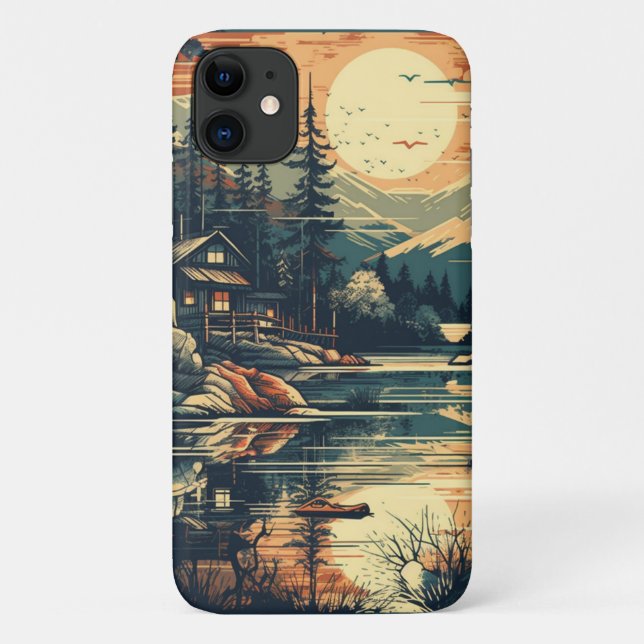 Capa Para iPhone 11 Casa de montanha com Arte Retro Escandinava (Verso)